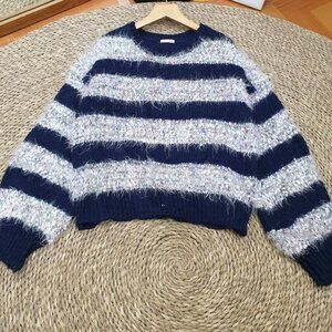 Navy Blue Striped Fuzzy Knit Sweater Cozy Sparkle Pullover
